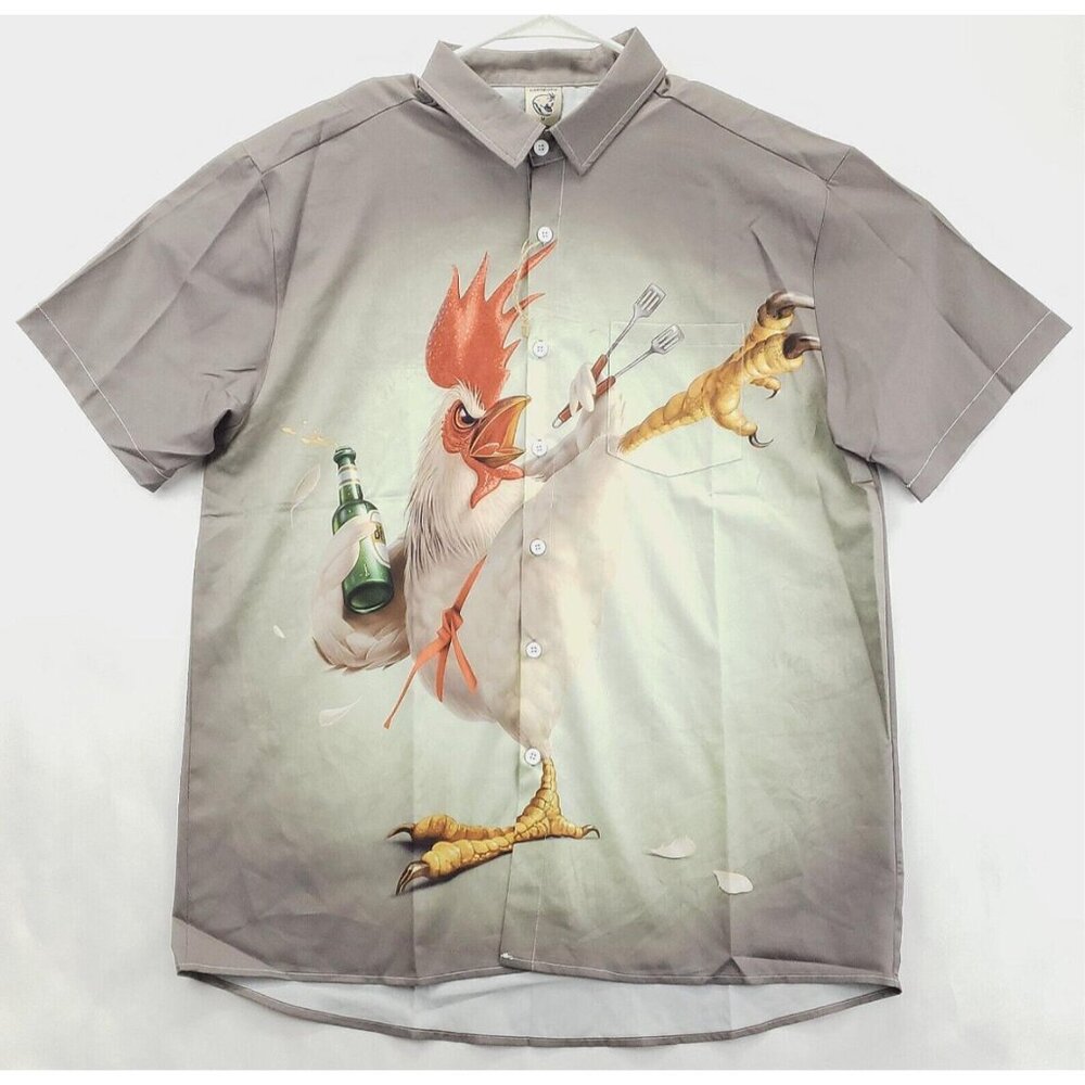 Hardaddy Shirt Men Medium Gray Kung Fu Rooster Grill Chicken Button-Up